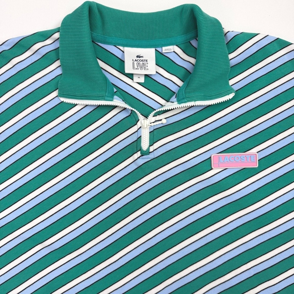 Lacoste Live Quarter Zip Mens XL Green Striped Sweatshirt Pullover Preppy Sporty